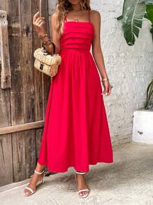 Breezaya 纯色褶饰吊带连衣裙 新年服装 超长度假海滩装 女士 - 紅色 - 查看 3