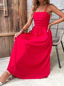 Breezaya 纯色褶饰吊带连衣裙 新年服装 超长度假海滩装 女士 - 紅色 - 查看 5