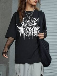 ROMWE Grunge Punk Áo thun trễ vai có họa tiết chữ cái, trường học - màu đen - Xem 1