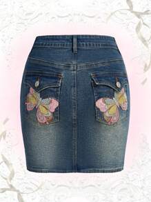 ROMWE Kawaii Váy denim nữ Thêu Túi Dây kéo Thú vật Loại bướm - Rửa tối - Xem 1