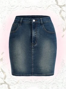 ROMWE Kawaii Váy denim nữ Thêu Túi Dây kéo Thú vật Loại bướm - Rửa tối - Xem 2