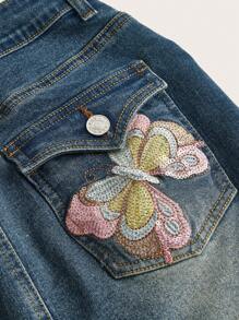 ROMWE Kawaii Váy denim nữ Thêu Túi Dây kéo Thú vật Loại bướm - Rửa tối - Xem 3
