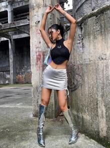 SHEIN ICON 側邊綁帶緞面包臀半身裙 - 銀色 - 查看 8