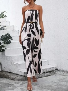 SHEIN VCAY Áo liền quần nữ Thực vật Giải trí - Đen và trắng - Xem 6