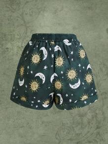 ROMWE Hippie Nhuộm buộc Đồ họa Mặt trời & Mặt trăng Nút eo Quần short - xanh quân đội - Xem 2