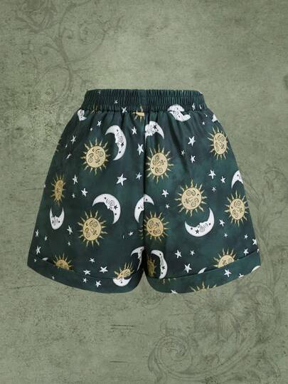 Hippie Tie Dye Sun & Moon Graphic Knot Waist Shorts