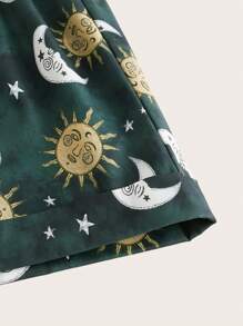 ROMWE Hippie Nhuộm buộc Đồ họa Mặt trời & Mặt trăng Nút eo Quần short - xanh quân đội - Xem 4