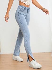 SHEIN Essnce Split Hem Flare Leg Jeans - Light Wash - View 1