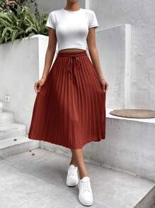 SHEIN Frenchy 素色百褶半身裙 - 紅木色 - 查看 3