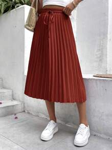 SHEIN Frenchy 素色百褶半身裙 - 紅木色 - 查看 4