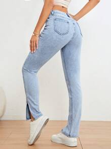 SHEIN Essnce Split Hem Flare Leg Jeans - Light Wash - View 3
