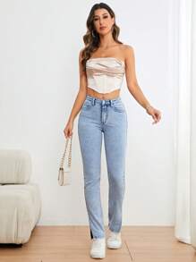 SHEIN Essnce Split Hem Flare Leg Jeans - Light Wash - View 4