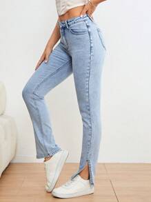 SHEIN Essnce Split Hem Flare Leg Jeans - Light Wash - View 2