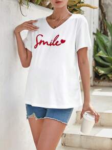 SHEIN Maternity Letter Graphic V Neck Tee - White - View 1
