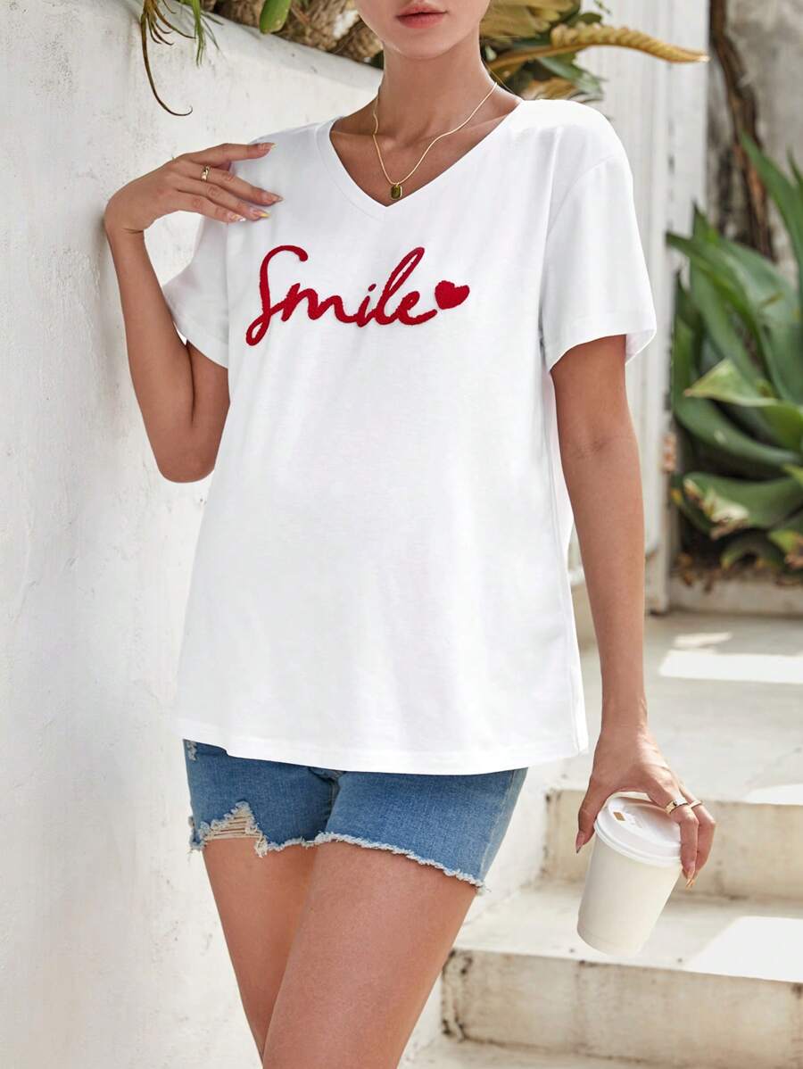 SHEIN Maternity Letter Graphic V Neck Tee - White - View 1