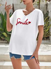 SHEIN Maternity Letter Graphic V Neck Tee - White - View 3