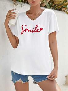 SHEIN Maternity Letter Graphic V Neck Tee - White - View 4