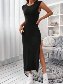 SHEIN Essnce Solid Split Thigh Tank Dress - Black - View 5