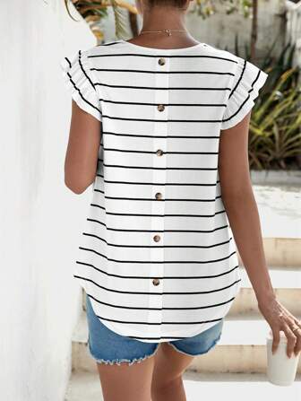 SHEIN Maternity Striped Button Back Butterfly Sleeve Curved Hem Tee