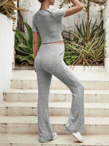 SHEIN Maternity Ribbed Knit Crop Tee & Adjustable Elastic Waist Trousers - Light Grey - View 2