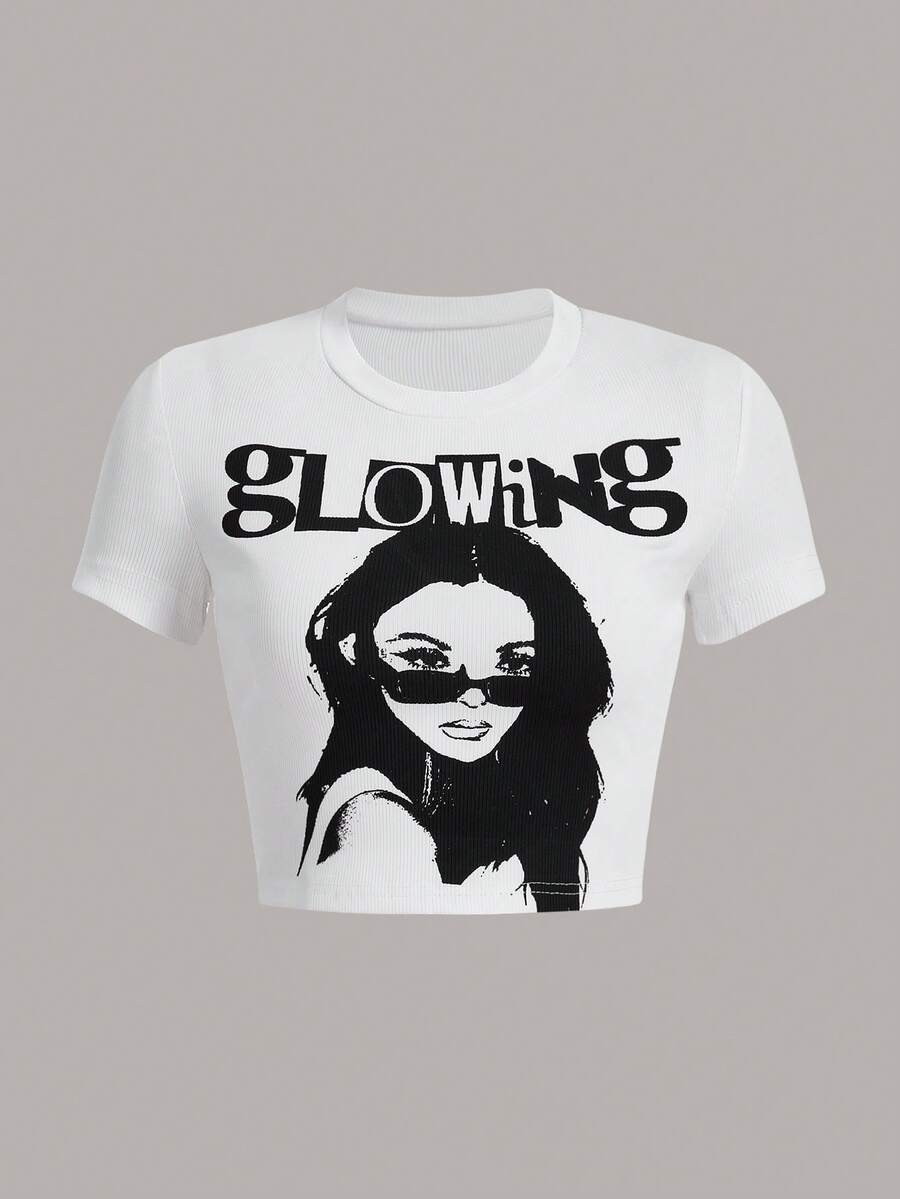 SHEIN ICON 人物和字母圖案短款T恤 - 白色 - 查看 1