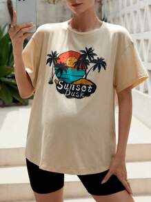 SHEIN Maternity Tropical & Letter Graphic Drop Shoulder Tee - Apricot - View 3