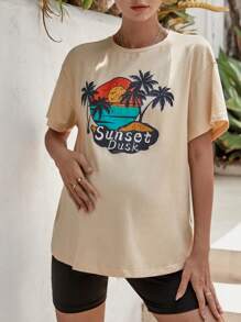 SHEIN Maternity Tropical & Letter Graphic Drop Shoulder Tee - Apricot - View 4