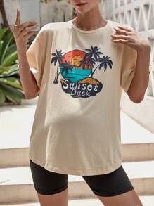 SHEIN Maternity Tropical & Letter Graphic Drop Shoulder Tee - Apricot - View 5