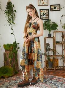 ROMWE Hippie In chắp vá Nếp uốn Viền khăn tay Váy Dây - Nhiều màu - Xem 6