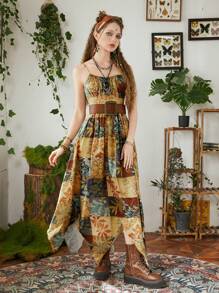 ROMWE Hippie In chắp vá Nếp uốn Viền khăn tay Váy Dây - Nhiều màu - Xem 7