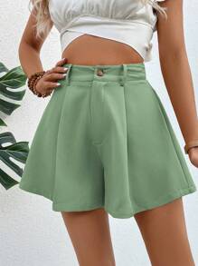 SHEIN Privé Plicated Detail Wide Leg Shorts - Mint Green - View 6