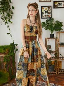 ROMWE Hippie In chắp vá Nếp uốn Viền khăn tay Váy Dây - Nhiều màu - Xem 9