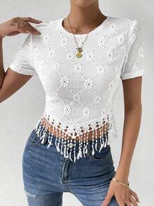 SHEIN Privé Áo thun nữ mép Tranh thêu màu trơn Giải trí - trắng - Xem 3