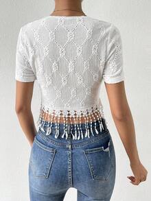 SHEIN Privé Áo thun nữ mép Tranh thêu màu trơn Giải trí - trắng - Xem 2