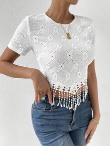 SHEIN Privé Áo thun nữ mép Tranh thêu màu trơn Giải trí - trắng - Xem 5