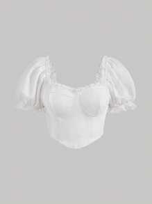 SHEIN MOD 大碼褶邊泡泡袖緊身上衣頭巾下擺短款T恤 - 白色 - 查看 1