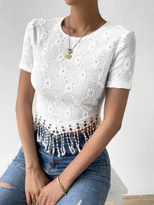SHEIN Privé Áo thun nữ mép Tranh thêu màu trơn Giải trí - trắng - Xem 6
