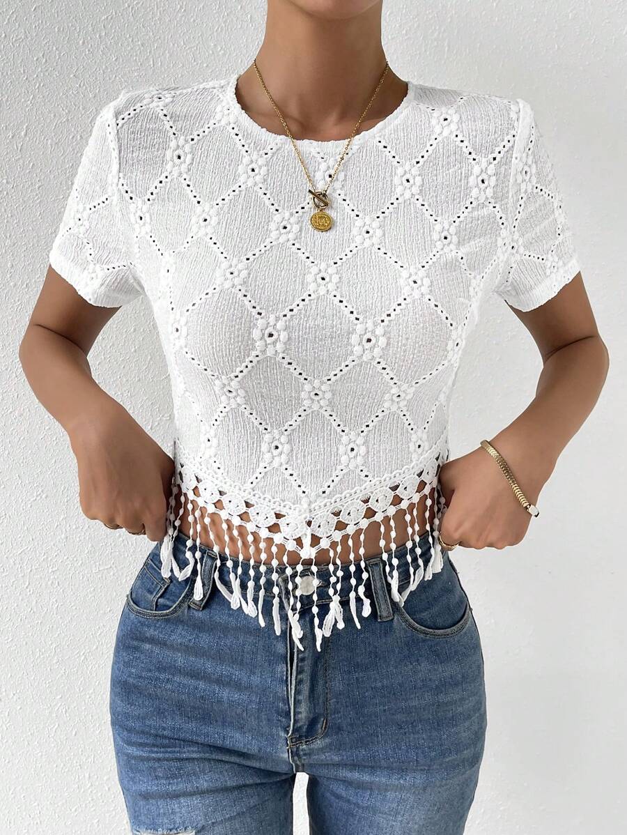 SHEIN Privé Áo thun nữ mép Tranh thêu màu trơn Giải trí - trắng - Xem 1