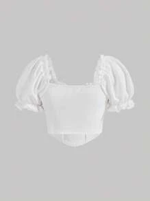 SHEIN MOD 大碼褶邊泡泡袖緊身上衣頭巾下擺短款T恤 - 白色 - 查看 2