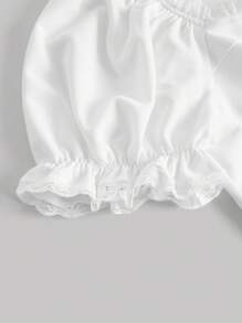 SHEIN MOD 大碼褶邊泡泡袖緊身上衣頭巾下擺短款T恤 - 白色 - 查看 4