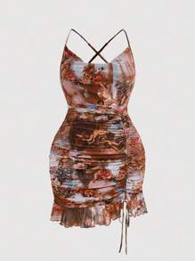 SHEIN MOD Plus Angel Print Drawstring Ruched Ruffle Hem Mesh Cami Dress - Multicolor - View 1