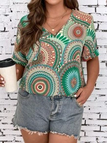 SHEIN LUNE 大碼曼陀羅印花蝙蝠袖襯衫 - 綠色 - 查看 8