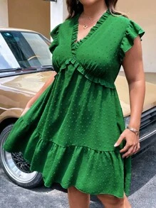 SHEIN Franclia Plus Swiss Dot Frill Trim Ruffle Hem Dress - Green - View 5