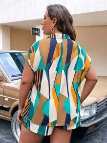 Calvaya Plus Summer Allover Print Batwing Sleeve Shirt & Shorts