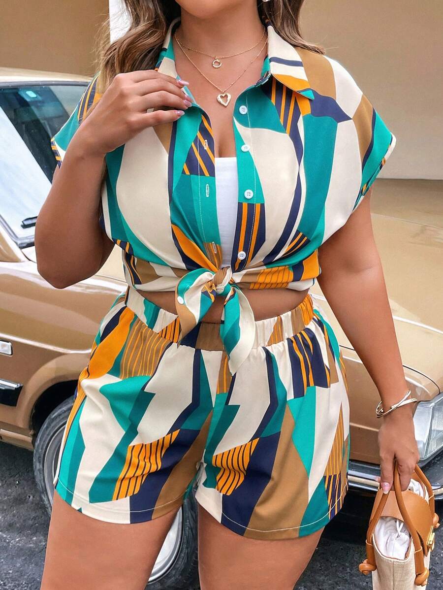 Calvaya Plus Summer Allover Print Batwing Sleeve Shirt & Shorts