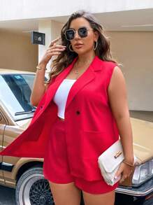 SHEIN Clasi Plus Lapel Neck Vest Blazer & Shorts - Red - View 5