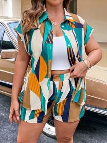 Calvaya Plus Summer Allover Print Batwing Sleeve Shirt & Shorts