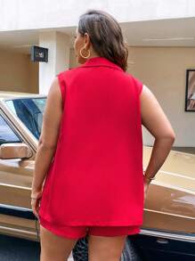 SHEIN Clasi Plus Lapel Neck Vest Blazer & Shorts - Red - View 2
