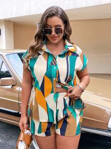 Calvaya Plus Summer Allover Print Batwing Sleeve Shirt & Shorts