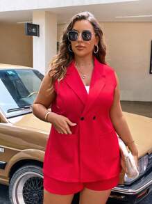 SHEIN Clasi Plus Lapel Neck Vest Blazer & Shorts - Red - View 3